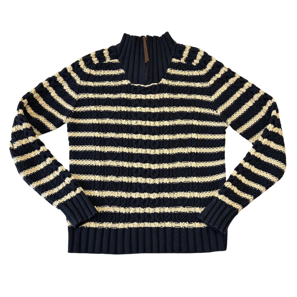 LL Bean Mens Cotton Striped Cable Knit Fisherman Sweater Quarter Zip Size Large - Picture 1 of 13